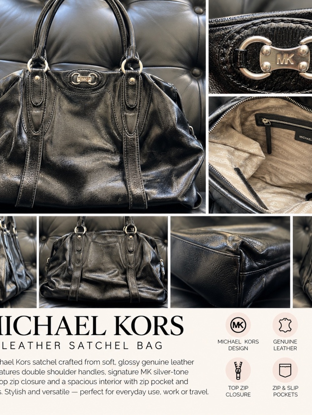 Michael Kors Black Glossy Leather Satchel